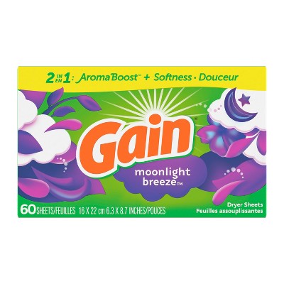 Gain dryer sheets, 60 Count, Moonlight Breeze Scent Laundry Fabric Softener Sheets with 2-in-1 Aromaboost Plus Softness