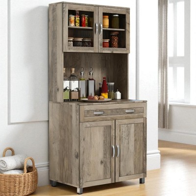 Mshliw Freestanding Kitchen Pantry Cabinet with Glass Doors, Drawer, Adjustable Shelves, and Hutch Storage for Dining Room, Kitchen, or Living Room