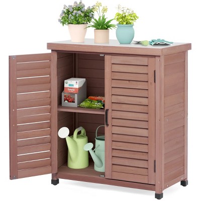 Cedar Wood Potting Bench with Metal Top & Storage Cabinet, Outdoor Garden Workstation for Planting and Tools