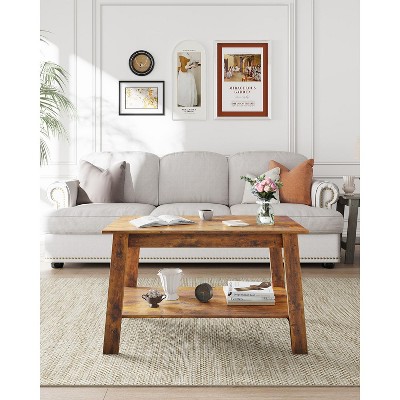 CuisinSmart Farmhouse Wood Coffee Table, with 2 Storage Shelves for Small Spaces, Modern Coffee Table