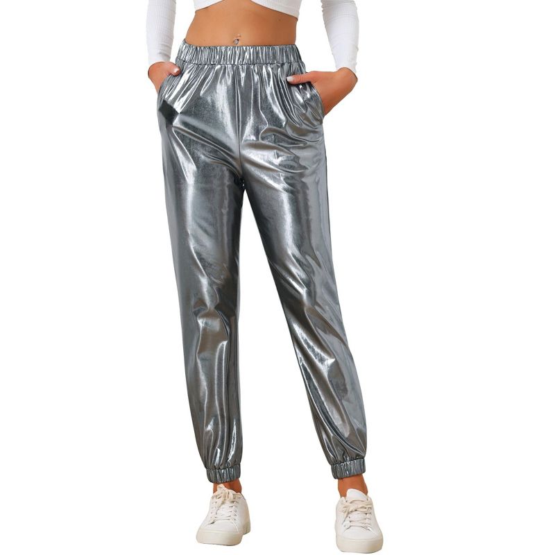 Allegra K Women's Metallic Shiny Sparkle Elastic Waist Pants, 1 of 6