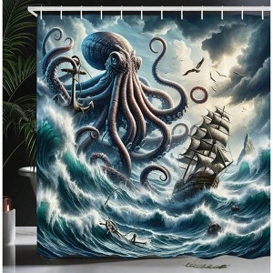 Nautical Shower Curtain, Fantasy Sea World Adventure, Kraken Octopus, Storm Waves, Sailors Ship, Teal Mauve, 69 Wx 70 L - 1 of 4