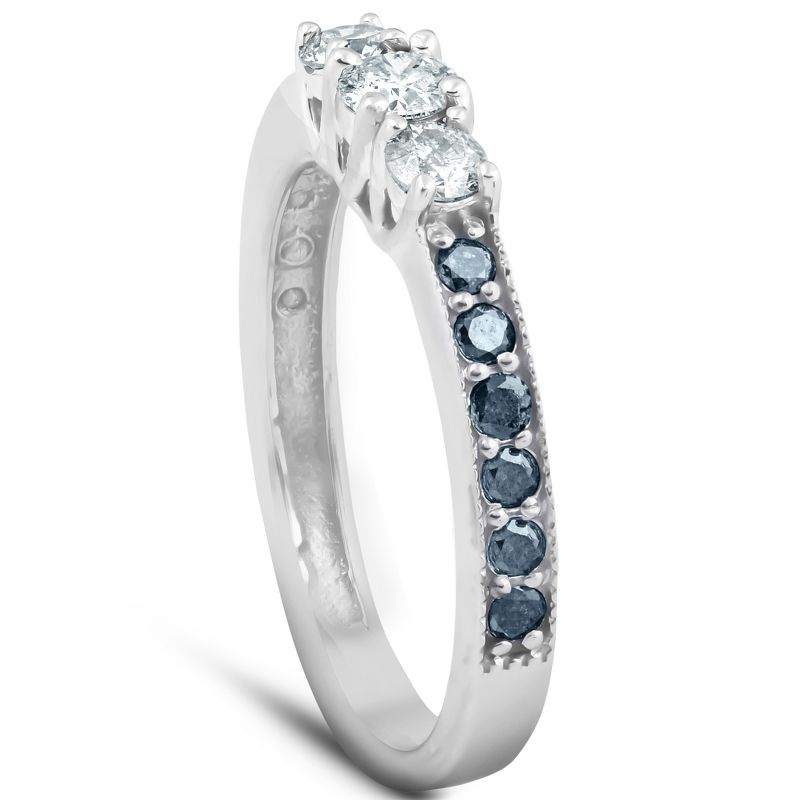 Pompeii3 1/2 Ct Blue & White Diamond Three Stone Engagement Anniversary Ring White Gold, 2 of 5