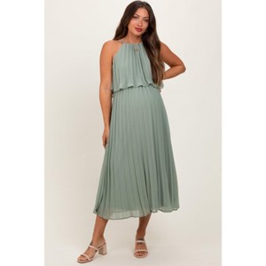 PinkBlush Light Olive Pleated Woven Maternity Midi Dress - 1 of 4