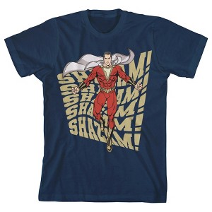 Shazam! Movie Warped Text Crew Neck Short Sleeve Navy Blue Boy's T-shirt - 1 of 3