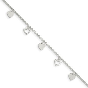 Black Bow Jewelry Sterling Silver Dangling Heart Charms Adjustable Anklet, 9 Inch - 1 of 4