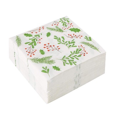 Cocktail Napkins - 100-Pack Disposable Paper Napkins, Christmas Holidays Dinner Party Supplies, 2-Ply, Holly Berry Leaves Design, Folded 6.5x6.5"