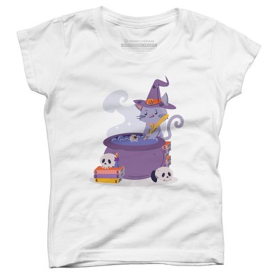 Girl's Design By Humans Halloween Kitty Cauldron By machmigo T-Shirt