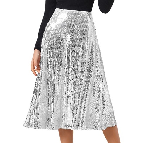 Allegra K Women s Sequin Sparkly High Waist Glitter Cocktail Party Midi Skirt Silver Medium Target