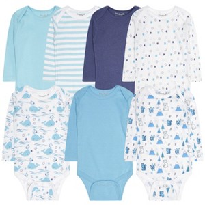 Everyday Kids 7-Pack Blue And Printed Long Sleeve Baby Bodysuits for Boys – Soft Cotton Essentials - 1 of 4
