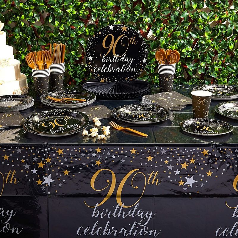 Sparkle and Bash 90th Birthday Party Supplies and Decorations for 24 Guests, Black and Gold Plates, Napkins, Cups, Tablecloths, Banner, 2 of 10