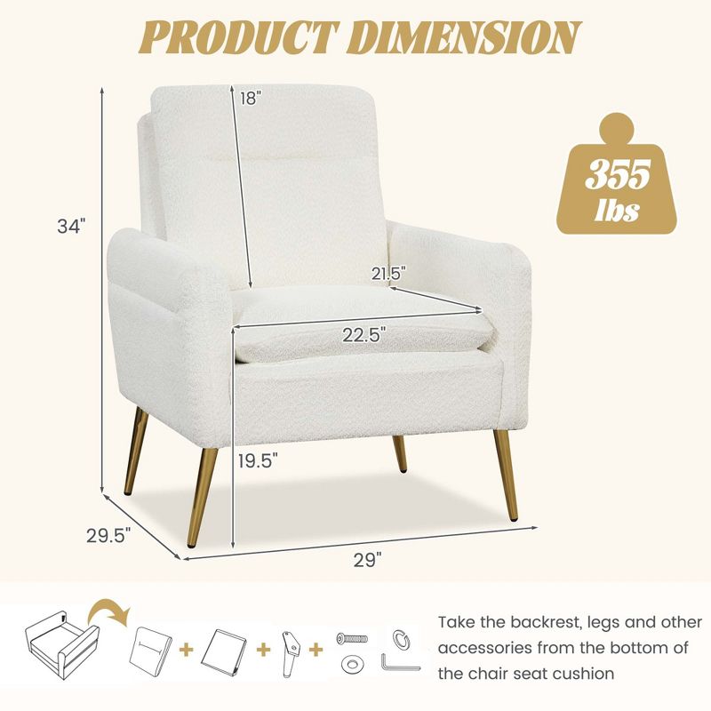 Costway Modern Accent Chair Upholstered  Armchair w/ Tapered Metal Legs White, 3 of 9