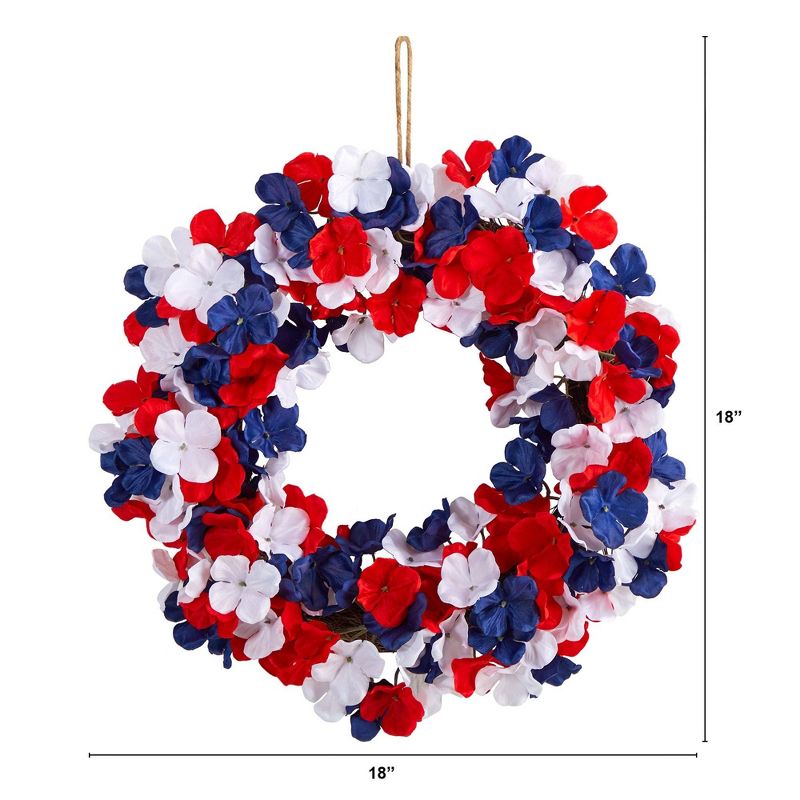 Nearly Natural 18” Americana Patriotic Hydrangea Artificial Wreath Red White and Blue, 2 of 4