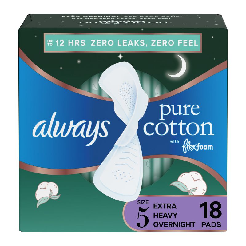 Always Extra Heavy Overnight Pure Cotton Pads with Wings - Size 5 - 18ct, 1 of 10