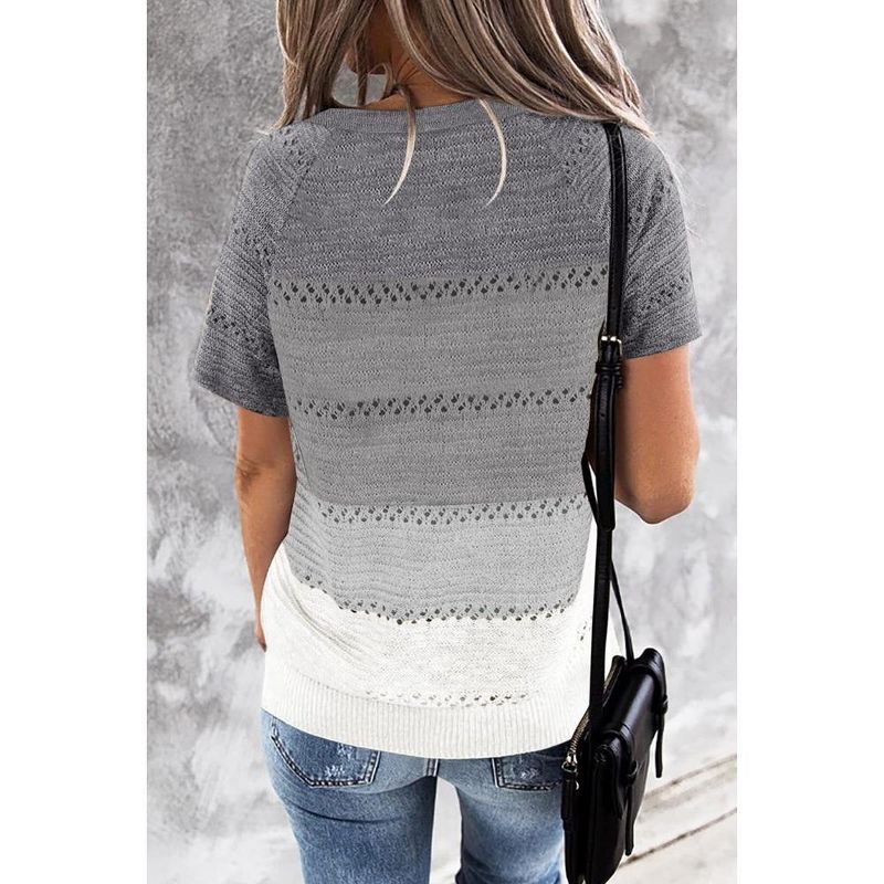 Womnes V Neck Lightweight Crochet Sweater Color Block Pullover Sweater Summer T Shirts 2024, 2 of 5