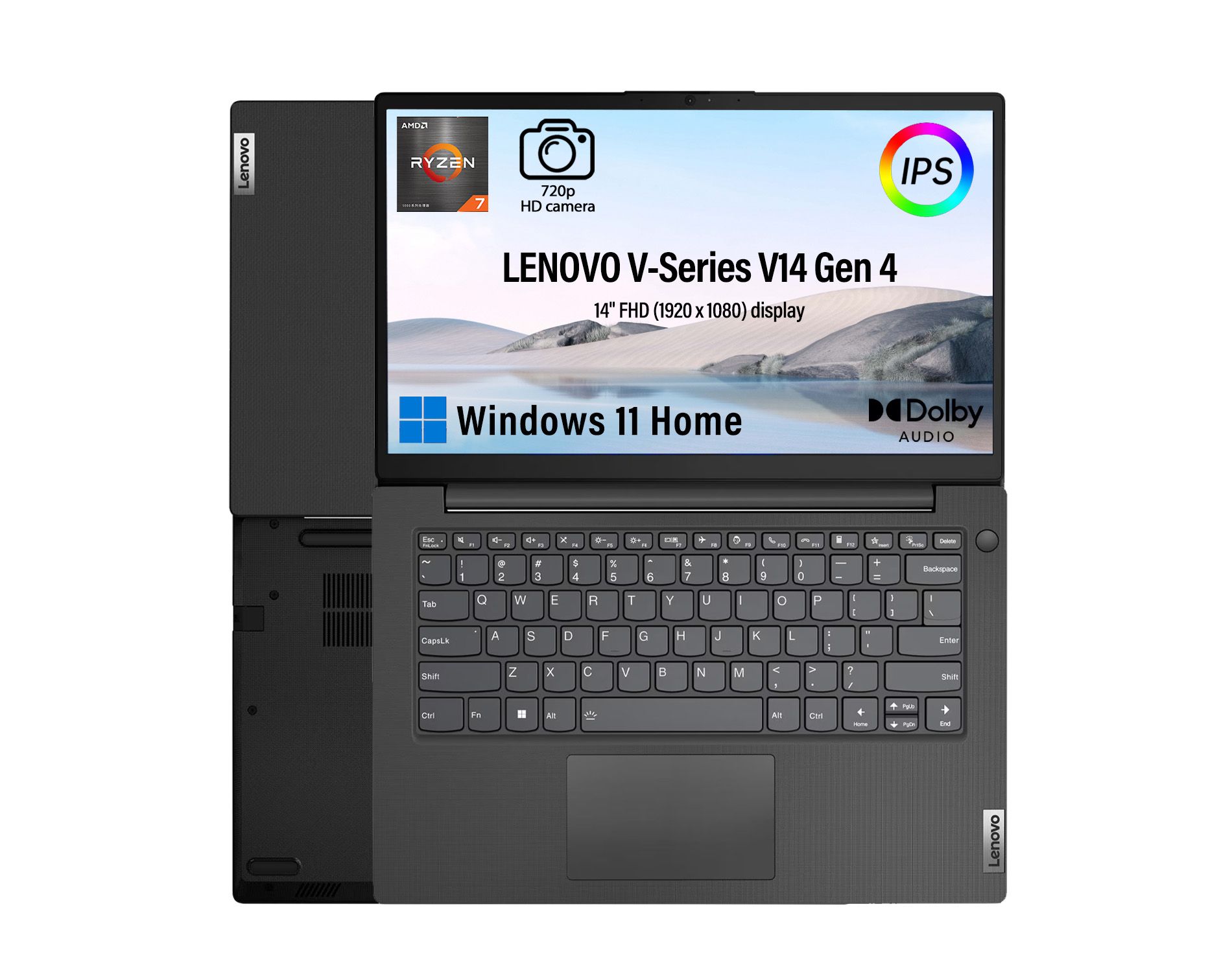 LENOVO V14 Gen 4 14" FHD Laptop, AMD Ryzen 7 7730U, 8GB DDR4, 256GB SSD, Radeon Graphics, Wi-Fi 6, Win11 Home, Black