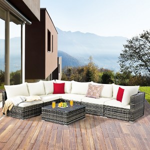 Costway 7PCS Patio Rattan Furniture Set Sectional Sofa Garden White Cushion - 1 of 4