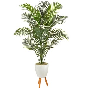 Nearly Natural 6.5-ft Golden Cane Artificial Palm Tree in White Planter with Stand - 1 of 4