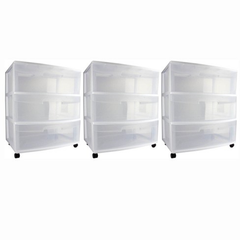 Sterilite Wide 3 Drawer Storage Cart, Plastic Rolling Cart with Wheels to  Organize Clothes in Bedroom, Closet, White with Clear Drawers, 3-Pack