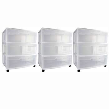 Sterilite Wide 3 Drawer Storage Cart, Plastic Rolling Cart with Wheels to Organize Clothes in Bedroom, Closet, White with Clear Drawers, 3-Pack