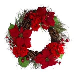 Northlight Poinsettia and Hydrangea Artificial Christmas Wreath - 24" - Unlit - 1 of 3