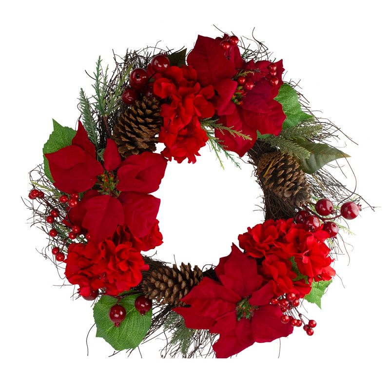 Northlight Red Poinsettia and Hydrangea Flowers with Berries Artificial Christmas Wreath - 24-Inch, Unlit, 1 of 5