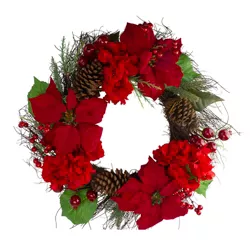 Northlight Red Poinsettia and Hydrangea Flowers with Berries Artificial Christmas Wreath - 24-Inch, Unlit