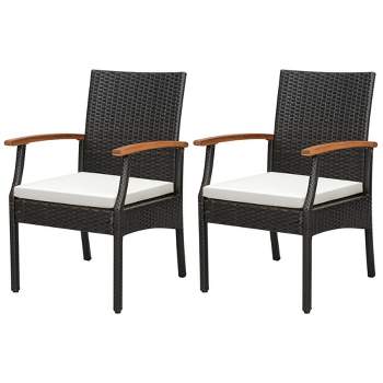 Costway Patio PE Wicker Chairs Acacia Wood Armrests with Soft Zippered Cushion Balcony