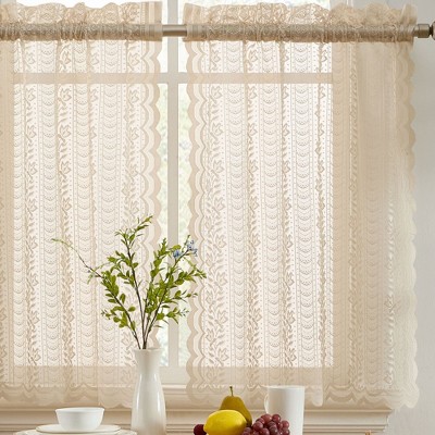 HLC.ME Sophia Floral Rod Pocket Lace Semi Sheer Voile Short Cafe Tiers - Set of 2
