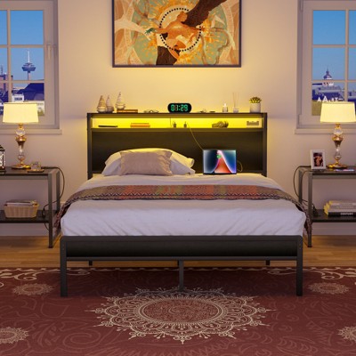 Aheaplus Platform Bed Frame with Charged Station and LED Lights