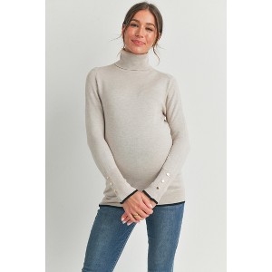Hello Miz Women's Long Sleeve Mock Neck Button Cuff Maternity Top - 1 of 4