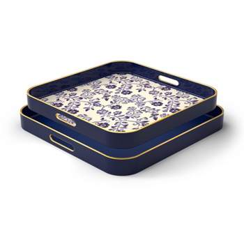 American Atelier 2-Piece Square Serving Trays with Handles, Blue and Floral Design with Gold Rim