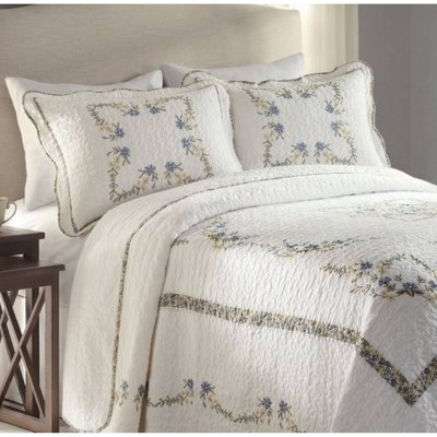 Queen Blue Cotton Embroidered Floral Bedspread