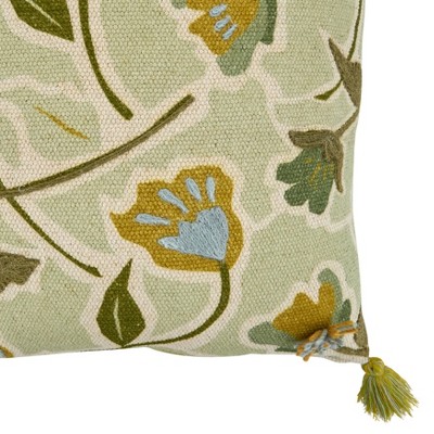 Green Embroidered Floral Square Throw Pillow with Tassels