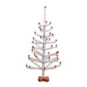 Nearly Natural 3' Artificial Retro Silver Tinsel Christmas Tree with 45 Red Mini Ornament Balls and Wooden Base - 1 of 4