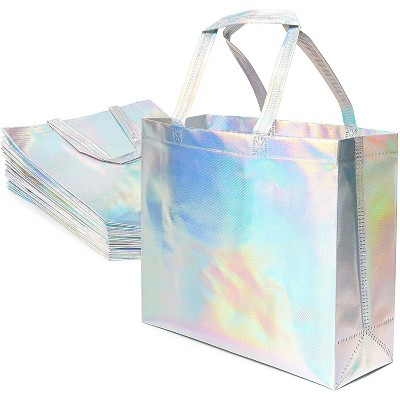 Juvale 24- Pack Reusable Grocery Bags Tote Bag Gift Bags with Handles, Holographic (14 x 12 x 5 In)