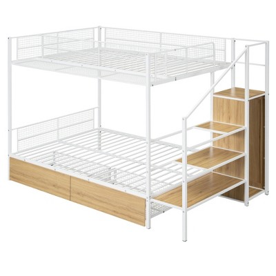 NicBex Twin Over Full Bunk Bed with Guardrail and 2 Drawers,Metal Twin Loft Bed with Lateral Storage Ladder and Wardrobe,Bunk Beds for Bedroom