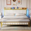 LED Storage Bed Frame with Charging Station, Upholstered Platform Bed, Full/Queen/King Size, White & Gold - 2 of 4