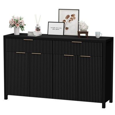 Gikpal 55’’ Modern Fluted Sideboard Cabinet, Entryway Table, Wooden Dresser for Bedroom with 2 Drawers & 3 Adjustable Shelves, Dining Room, Black