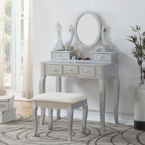 FONTOI 32"W Wood Makeup Vanity Table Stool Set with Adjustable Mirror 5 Storage Drawers for Bedroom Dressing Room, Silver, 32"*16"*53" - 1 of 4