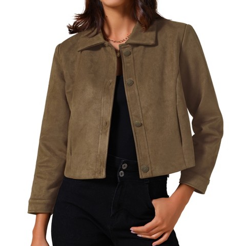 INSPIRE CHIC Women's Faux Suede Collared Vintage Long Sleeve Button Down Crop Jacket Medium Brown