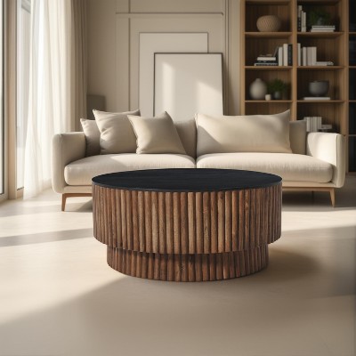 Royal Hampton Coffee Table | 34" Round Black Top | Brown Mango Wood Fluted Plinth Base