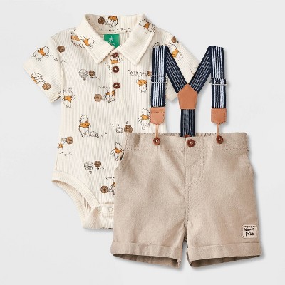 Image of Baby Boys' Disney Winnie the Pooh Short Sleeve Bodysuit and Shorts Suspender Set - Beige Newborn