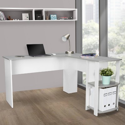 Modern Gray L-Shaped Home Office Desk with Side Storage Shelves