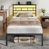 Furnulem Twin Bed Frames with Built-in Charging Station and LED Light  Metal Platform Bed with Headboard and Storage Shelf  Black - 2 of 4