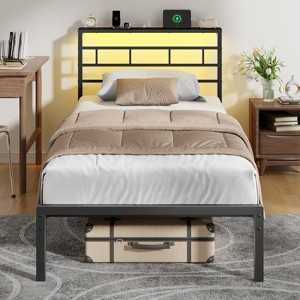 Furnulem Twin Bed Frames with Built-in Charging Station and LED Light, Metal Platform Bed with Headboard and Storage Shelf - 1 of 4