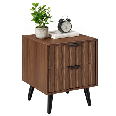 Bekrvio Mid Century Modern Fluted Nightstand Set of 2 with Solid Wood Legs,19.7" Walnut Side Table with Drawers & Open Storage for Bedroom,Living Room