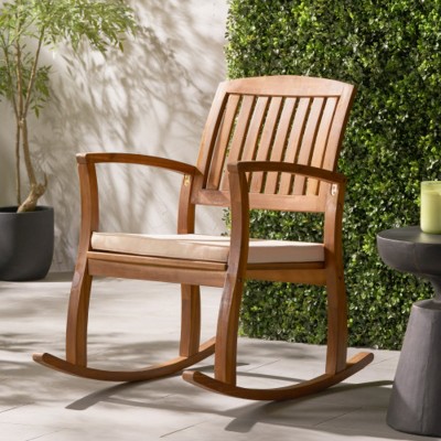 All-Weather Wood Rocker Patio Chair with Cream Water-Resistant Cushions, Outdoor Rocking Chair for Porch, Deck, or Backyard–The Pop Home