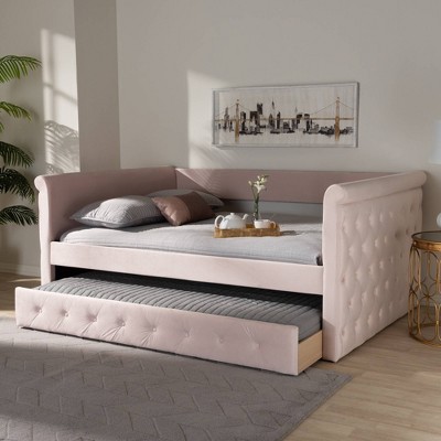 Light Pink Velvet Queen Daybed with Trundle and Tufted Upholstery