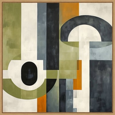 Sage Green and Orange Geometric Abstract Framed Canvas Wall Art 30"x30"